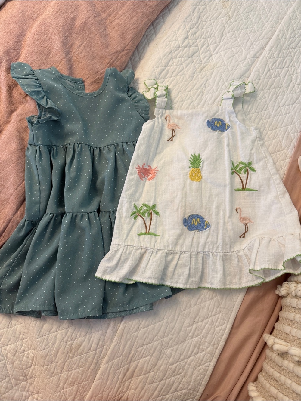 Janie and Jack White Embroidered Tropical Sundress & Blue Polka Dot Dress